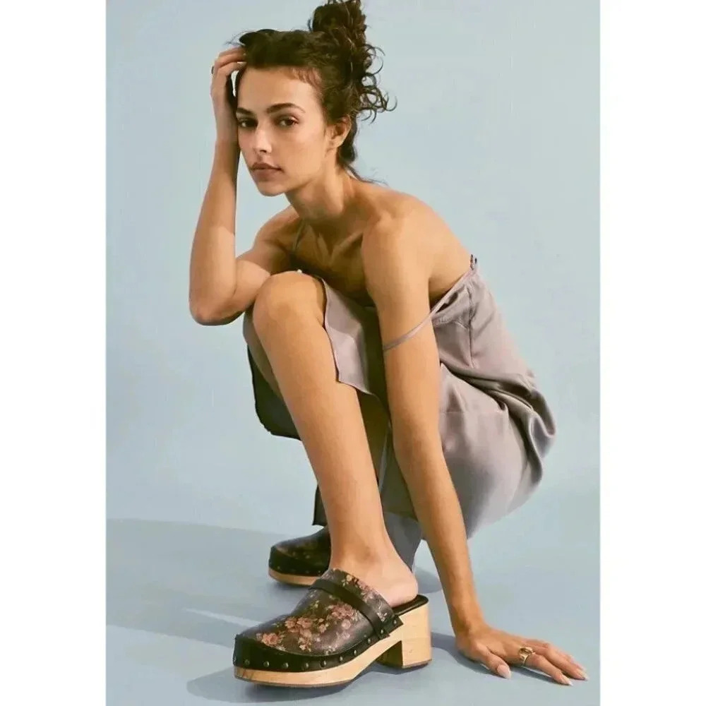 New Free People Calabasas Floral Wooden Clogs Black Womens 7 - Picture 14 of 15